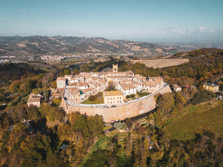 Italy, November 26, 2022: aerial view of the medieval village of Montefabbri in the province of...