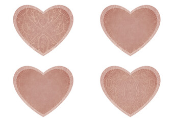 Fototapeta premium Set of 4 heart shaped valentine's cards. 2 with pattern, 2 with copy space. Pale pink background and light beige pattern on it. Cloth texture. Hearts size about 8x7 inch / 21x18 cm (p08-2ab)