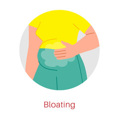 Woman with bloating symptom of gastritis vector illustration. Info graphic of digestive system disease isolated on white background
