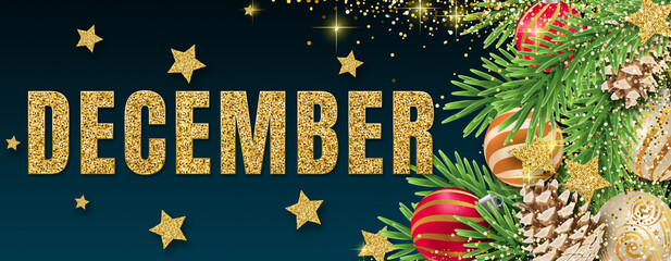 december in Happy New Year banner template with copy space. light bulbs and stars. Winter Holiday card concept. Christmas Tree With Baubles. © nali