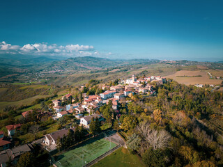 Italy, November 26, 2022: aerial view of the village of Montecalvo in Foglia in the province of...