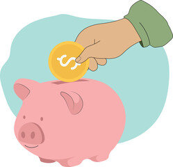 Piggy bank for money. Vector illustration of a man making savings. Financial planning concept