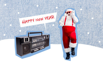 Christmas collage brochure of santa claus move dance floor on new year event listen carols songs on snowy background © deagreez
