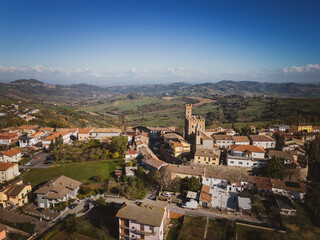 Fototapeta na wymiar Italy, November 26, 2022: aerial view of the medieval village of Tavoleto in the province of Pesaro and Urbino in the Marche region