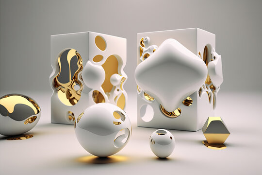 Liquid White And Gold Shapes Of Different Form And Sizes.   