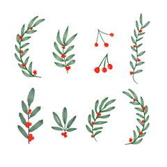 Set of leaves and watercolor floral. Merry and Bright Corporate Holiday cards. Universal abstract creative artistic templates with Christmas tree, birds, ornate floral frames and backgrounds.