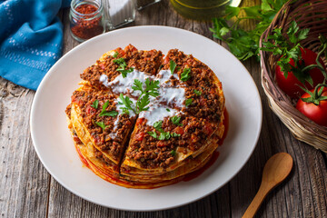 Turkish Food Kayseri Yaglama with Minced Meat, Yogurt and Tomato Paste