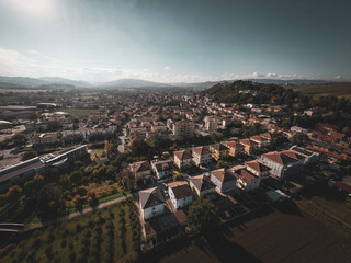 Italy, November 26, 2022: aerial view of the medieval village of Tavoleto in the province of Pesaro...