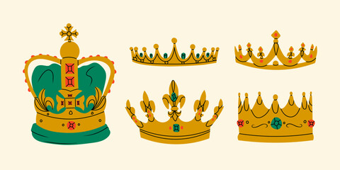 Set of golden Crowns. Jewel headdress. Symbol of princess, king, prince and queen. Royal, aristocratic, coronation, monarchy concept. Hand drawn trendy Vector illustration. Isolated elements - obrazy, fototapety, plakaty