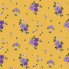Seamless floral pattern with rustic motif. Pretty ditsy print, romantic floral design with small hand drawn flowers, tiny leaves in an abstract arrangement on a yellow background. Vector illustration.