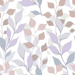 Seamless pattern, gentle botanical print with leaves. Elegant surface design with hand drawn foliage, forest herbs on white background. Botanical design in cool colors. Vector illustration.