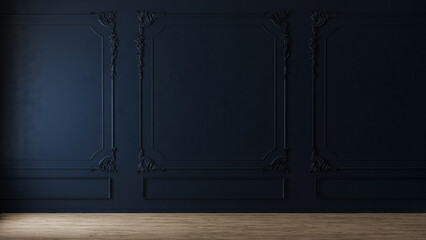 Dark blue wall with classic style mouldings and wooden floor, empty room interior, 3d render 