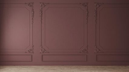 Red tone wall with classic style mouldings and wooden floor, empty room interior, 3d render 