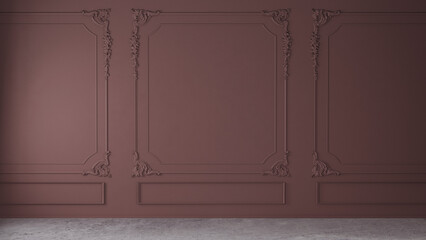 Red wall with classic style mouldings and concrete floor, empty room interior, 3d render 