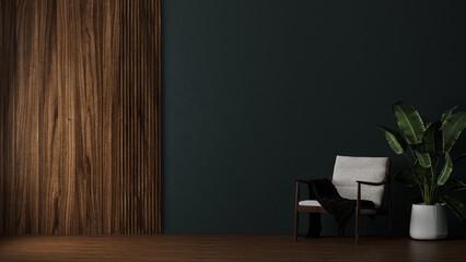 Black wall with wooden panel in room with armchair and plant in pot, wooden floor, 3d rendering