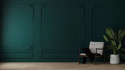 Poster Room with armchair and green plant in pot with emerald color wall with classic style mouldings and wooden floor, 3d render  © Oleksandr