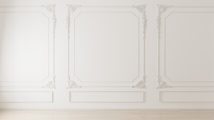 White wall with classic style mouldings and wooden floor, empty room interior, 3d render 