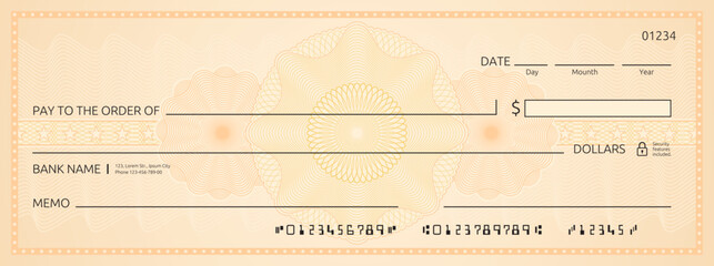Blank bank check, checkbook cheque template with guilloche. Business investment banking document, account payment transaction bill and deposit paycheck, charity, donation or lottery win vector cheque