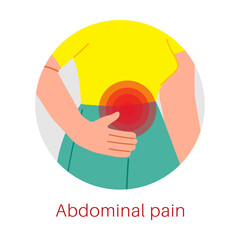 Woman with abdominal pain symptom of gastritis vector illustration. Info graphic of digestive system disease isolated on white background