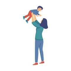 Happy mom and kid together flat vector illustration. Young cartoon woman and child having fun outdoors isolated on white background. Family, love, care concept