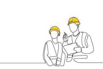 Single continuous line drawing of young construction manager giving instruction to builder coordinator at site meeting. Building architecture business concept. One line draw design vector