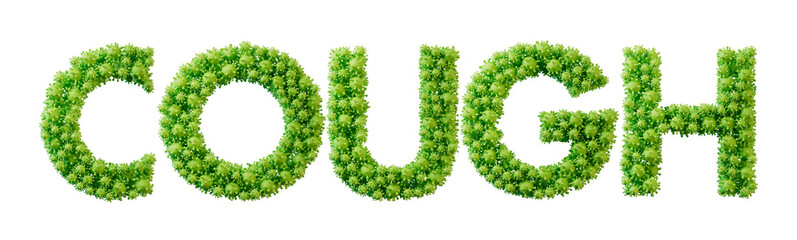 Cough word made from green bacteria cell molecule font. Health and wellbeing. 3D Rendering