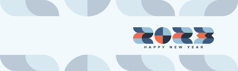 2023 Happy New Year Abstract banner design in retro style made of various geometric shapes in perfect colors. Landing Page. Brochure. Card. Template.