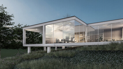 Fototapeta na wymiar Architectural 3D rendering illustration of modern minimal house