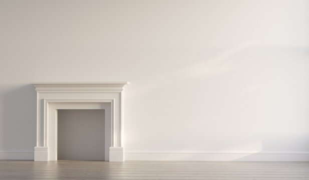 Large traditional fireplace without a fire. Blank walls. Empty mantle piece mockup shelf. 3D Rendering