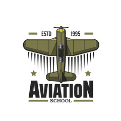 Aviation school retro emblem. Army pilots training center icon, flight academy vector symbol with vintage military bomber, army old combat fighter aircraft, propeller airplane