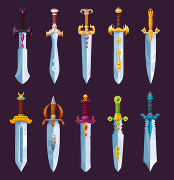 Magical swords, steel blades, rapier and glaive, sabre or broadsword, fairytale weapons RPG game inventory item UI vector asset. Ancient dagger or magic stiletto with precious stones in golden handle