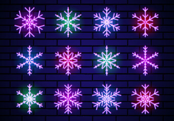 Set of neon snowflakes for Christmas decoration. Neon glowing snowflakes for winter holidays celebration. Collection ofsjiny elements or signs.