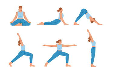 Obraz na płótnie Canvas Various yoga poses set. Female yoga illustration. Healthy and fitness stretching. woman girl blue top and legging