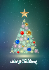 Christmas tree card with snowflakes and baubles. Christmas tree with golden star and balls. Greeting poster for winter holidays.