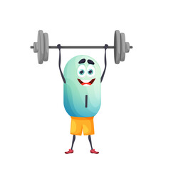 Cartoon iodine athlete character with barbell. Isolated vector funny I capsule personage bodybuilding sport workout. Vitamin athlete exercises with weight in gym. Strong nutrient blue bubble sportsman