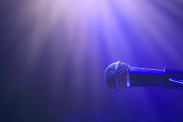 Obraz premium Close-up of lluminated microphone on stage against spotlights..