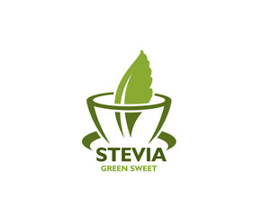 Stevia icon. Stevia product minimalistic emblem, organic food simple vector sign or emblem. Stevia leaves natural and healthy sweetener minimalistic icon with tea cup and green leaf