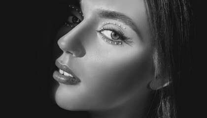 Fototapeta premium Young woman with decorative beaded eye makeup. Eyelashes. Cosmetic Eyeshadow. Make-up detail. Monochrome