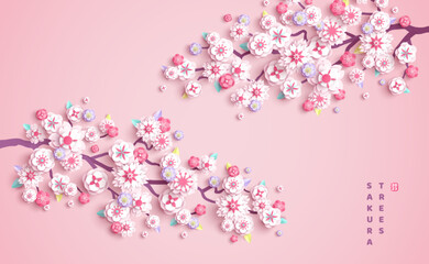 Cherry blossoms branch, spring flower paper cut, pink background. Vector illustration. Japanese sakura garden, apricot plum petals. Place for text. Asian cover, Korean wedding card beautiful