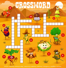 Crossword grid, cowboy sheriff, ranger and bandit vegetables on Wild West, vector quiz game. Crossword worksheet to guess word of pumpkin cowboy, avocado ranger with rifle and eggplant western robber
