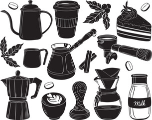 Graphic set of hand drawn coffee elements vector illustrations. Tools for making coffee isolated. Silhouettes of objects for a coffee shop