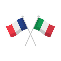 France and Italy crossed flags isolated on white background. Flag with metal pole. Vector stock