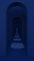 Dark blue arch arranged in a long line With Long, austere and vaulted hall with the larger rooms, 3D Rendering 03