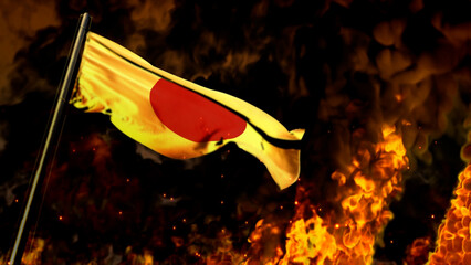 flag of Japan on burning fire bg - hard times concept - abstract 3D illustration