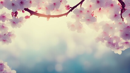 Panoramic shot of flowering apricot branches on a blue background with copy space, Pink sakura flowers, dreamy romantic image spring, landscape panorama.