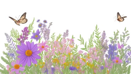 Seamless border of wildflowers and herbs, A picturesque colorful artistic image with a soft focus.