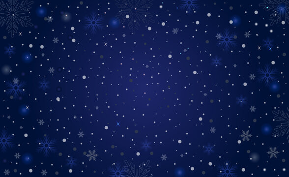 Blue Snow background. Christmas snowy winter design. White falling snowflakes, abstract landscape. Cold weather effect. Magic nature fantasy snowfall texture decoration. Vector illustration.