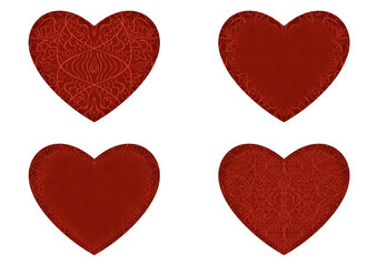 Fototapeta na wymiar Set of 4 heart shaped valentine's cards. 2 with pattern, 2 with copy space. Deep red background and bright red pattern on it. Cloth texture. Hearts size about 8x7 inch / 21x18 cm (p02-2ab)