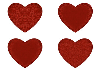 Set of 4 heart shaped valentine's cards. 2 with pattern, 2 with copy space. Deep red background and bright red pattern on it. Cloth texture. Hearts size about 8x7 inch / 21x18 cm (p03ab)
