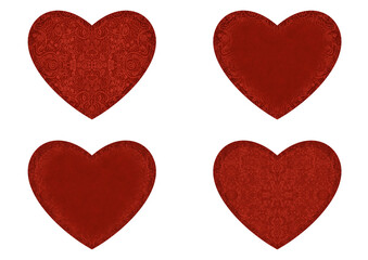 Set of 4 heart shaped valentine's cards. 2 with pattern, 2 with copy space. Deep red background and bright red pattern on it. Cloth texture. Hearts size about 8x7 inch / 21x18 cm (p06ab)